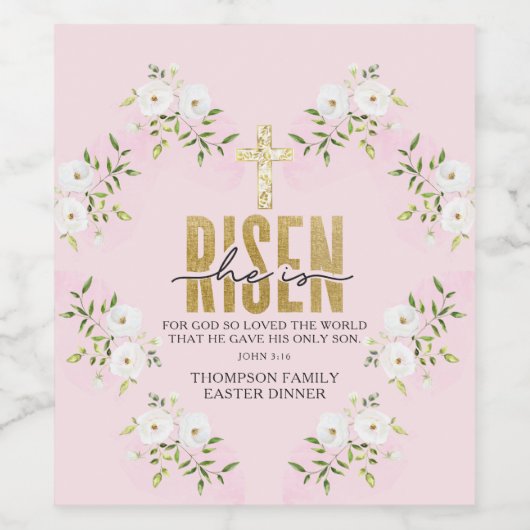 彼は宗教的なキリスト教の引用文ピンクの復活祭に昇っている ワインラベル (シングルラベル)