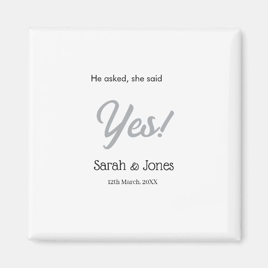 彼は尋ね、彼女はイエスと答えた シンプルな銀のデータ マグネット (正面)