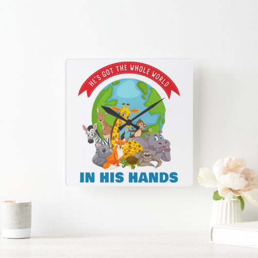 彼は彼の手の得中で全世界である – Faith Kids スクエア壁時計 (ホーム)
