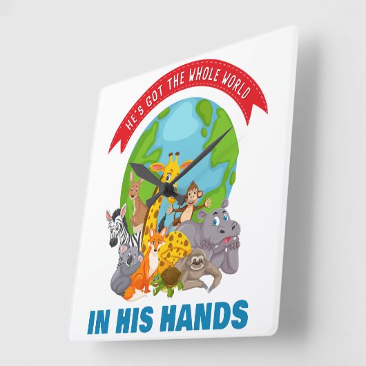 彼は彼の手の得中で全世界である – Faith Kids スクエア壁時計 (傾斜)