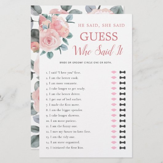 彼は彼女がほこりっぽいバラブライダルシャワーゲームを言った (正面/裏面)