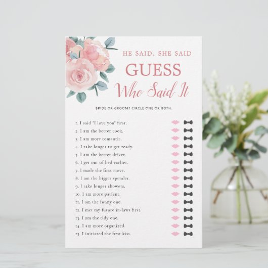 彼は彼女がほこりっぽいバラブライダルシャワーゲームを言った (スタンド正面)