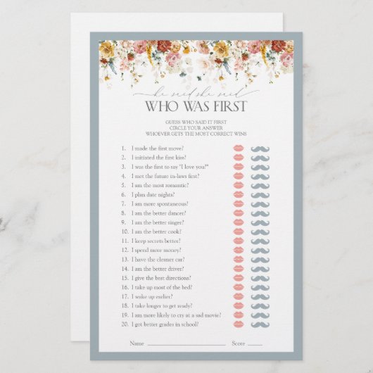 彼は彼女がほこりっぽい青いブライダルシャワーゲームを言った (正面/裏面)