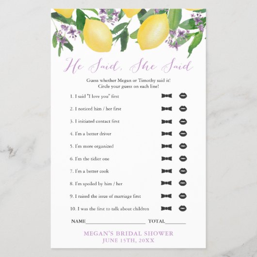 彼は彼女がウェディングシャワーアイスブレーカーゲームを言った チラシ (正面)