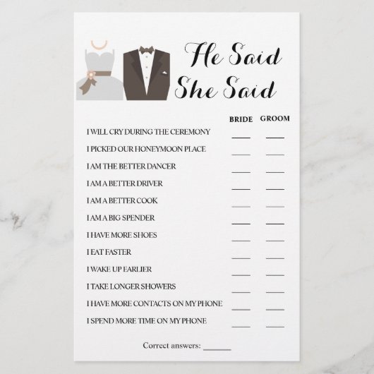 彼は彼女がカップルのシャワーのゲームカードを言った チラシ (正面)