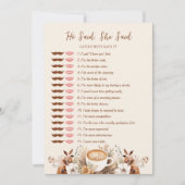 彼は彼女がコーヒーブライダルシャワーのゲームカードを言った 招待状 (正面)