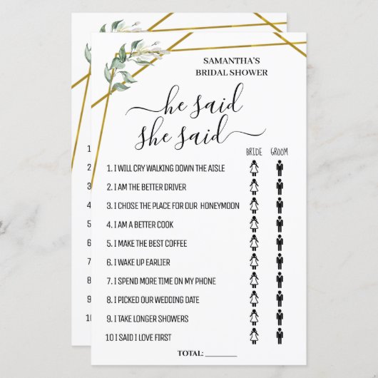 彼は彼女がバイリンガルブライダルシャワーゲームを言った (正面/裏面)