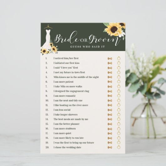 彼は彼女がヒマワリのガウンブライダルシャワーゲームを言った (スタンド正面)