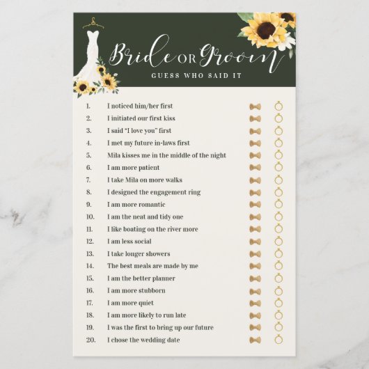 彼は彼女がヒマワリのガウンブライダルシャワーゲームを言った (正面)