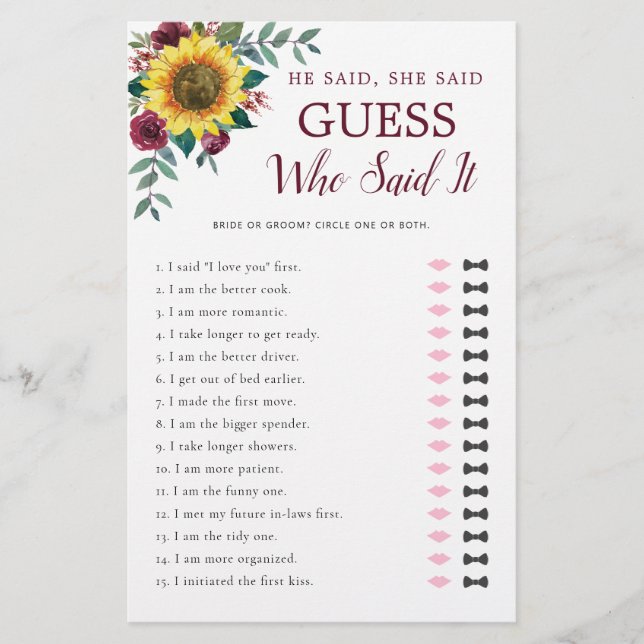 彼は彼女がヒマワリのブルゴーニュブライダルシャワーと言った (正面)