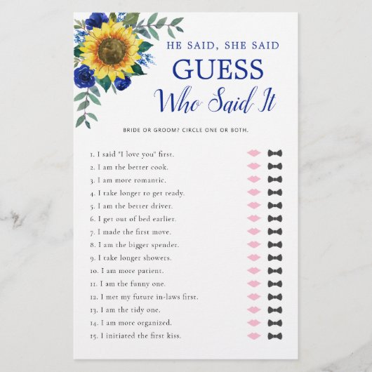 彼は彼女がヒマワリの青いブライダルシャワーゲームを言った (正面)