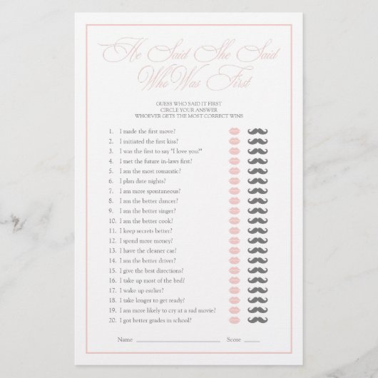 彼は彼女がピンクのスクリプトブライダルシャワーゲームを言った (正面)