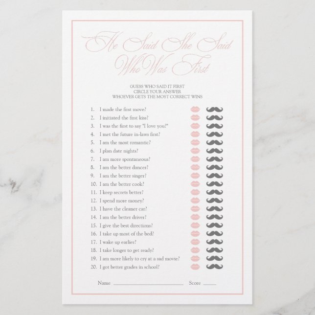 彼は彼女がピンクのスクリプトブライダルシャワーゲームを言った (正面)