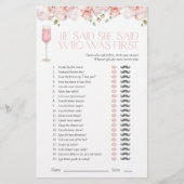 彼は彼女がピンクのフローラブライダルシャワーゲームを言った (正面)