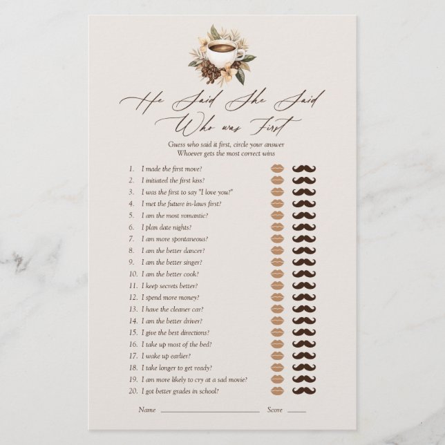 彼は彼女がフローラコーヒーブライダルシャワーゲームを言った (正面)