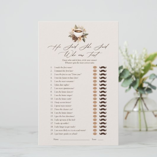 彼は彼女がフローラコーヒーブライダルシャワーゲームを言った (スタンド正面)