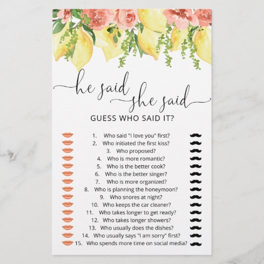 彼は彼女がブライダルシャワーゲームを言ったと言った (正面)