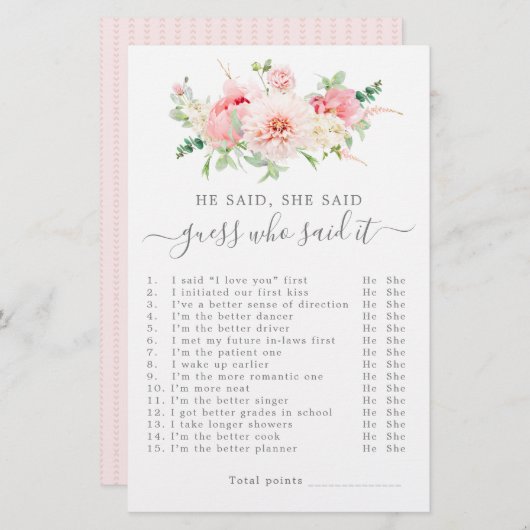 彼は彼女がブライダルシャワーゲームを言った (正面/裏面)