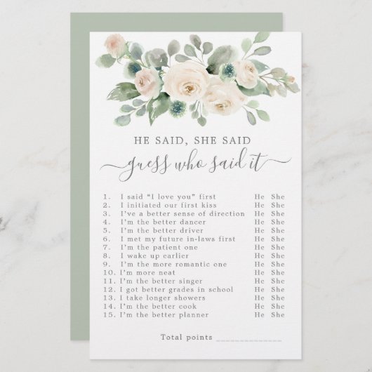 彼は彼女がブライダルシャワーゲームを言った (正面/裏面)