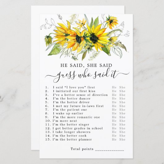 彼は彼女がブライダルシャワーゲームを言った (正面/裏面)