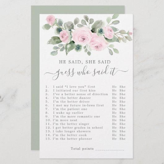 彼は彼女がブライダルシャワーゲームを言った (正面/裏面)