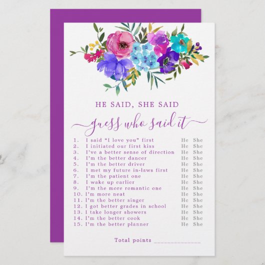 彼は彼女がブライダルシャワーゲームを言った (正面/裏面)