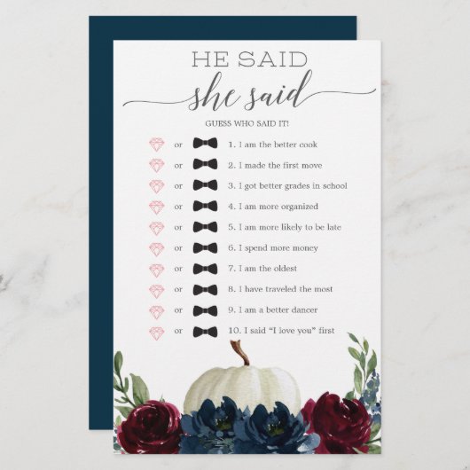 彼は彼女がブライダルシャワーゲームを言った (正面/裏面)