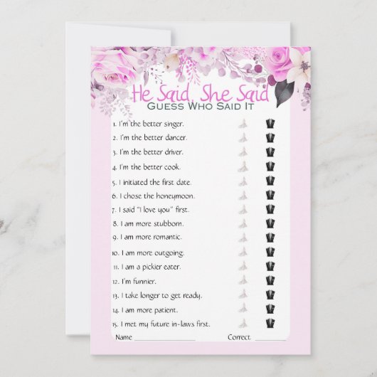 彼は彼女がブライダルシャワーゲームを言った 招待状 (正面)