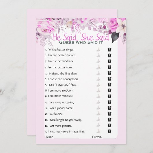 彼は彼女がブライダルシャワーゲームを言った 招待状 (正面/裏面)