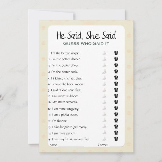 彼は彼女がブライダルシャワーゲームを言った 招待状 (正面)