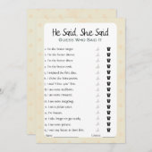 彼は彼女がブライダルシャワーゲームを言った 招待状 (正面/裏面)