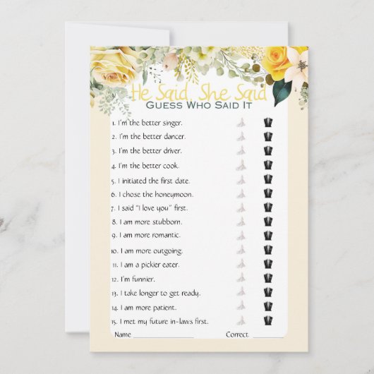 彼は彼女がブライダルシャワーゲームを言った 招待状 (正面)