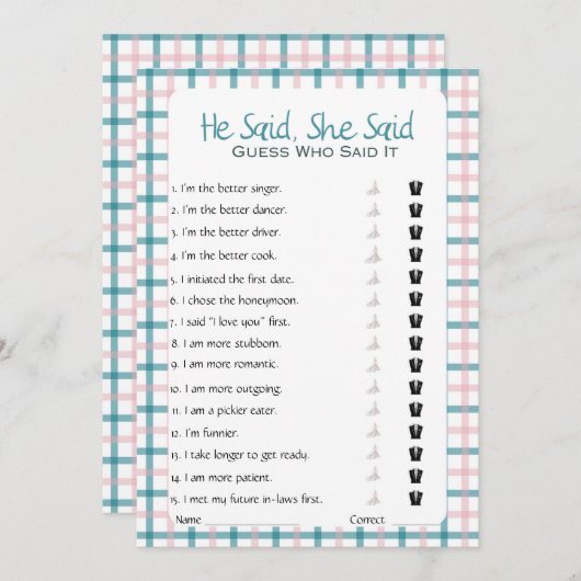 彼は彼女がブライダルシャワーゲームを言った 招待状 (正面/裏面)