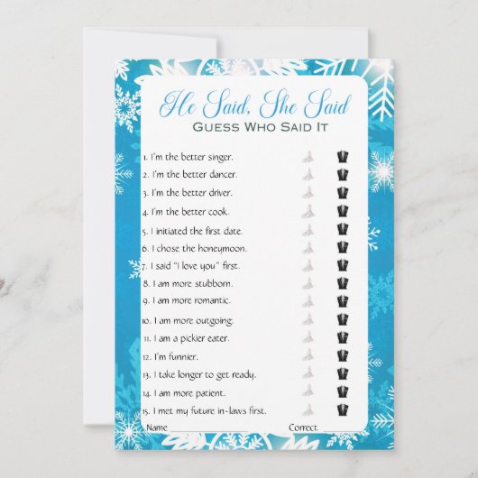 彼は彼女がブライダルシャワーゲームを言った 招待状 (正面)