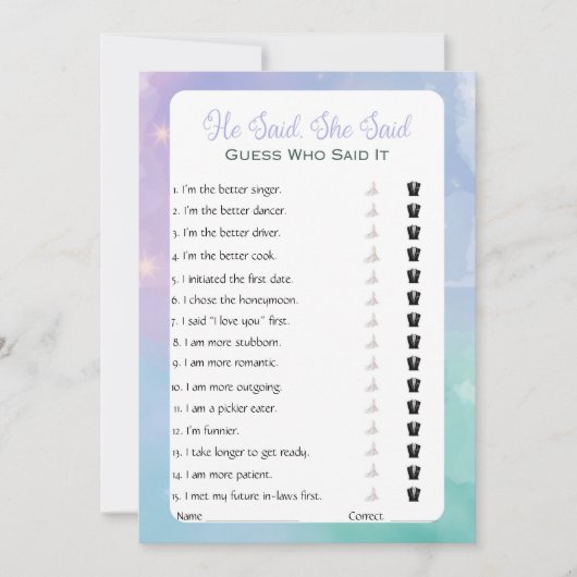 彼は彼女がブライダルシャワーゲームを言った 招待状 (正面)