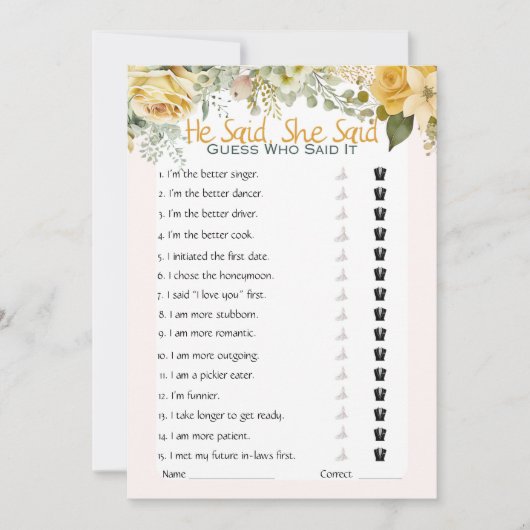 彼は彼女がブライダルシャワーゲームを言った 招待状 (正面)