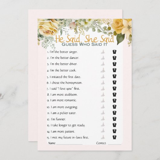 彼は彼女がブライダルシャワーゲームを言った 招待状 (正面/裏面)