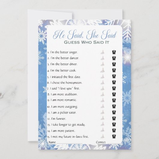 彼は彼女がブライダルシャワーゲームを言った 招待状 (正面)