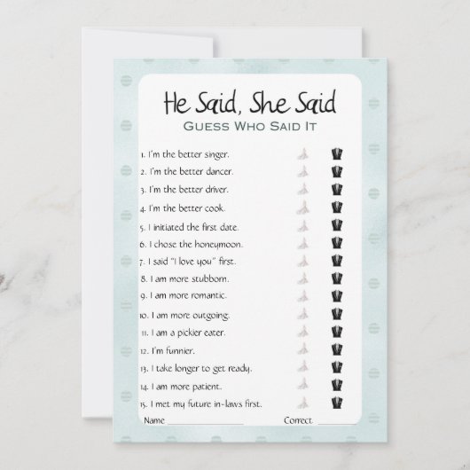 彼は彼女がブライダルシャワーゲームを言った 招待状 (正面)