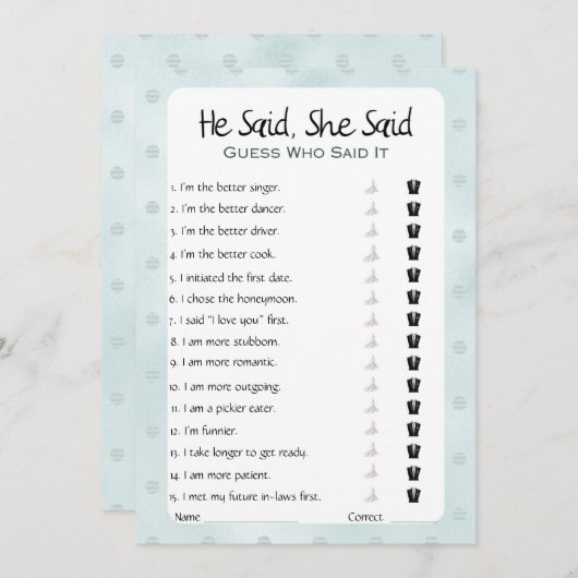 彼は彼女がブライダルシャワーゲームを言った 招待状 (正面/裏面)