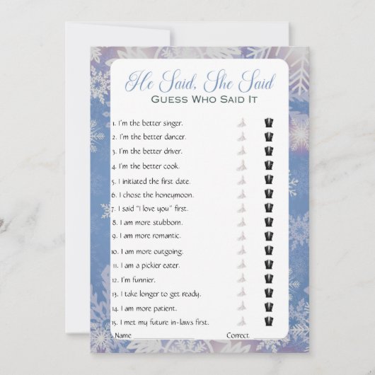 彼は彼女がブライダルシャワーゲームを言った 招待状 (正面)