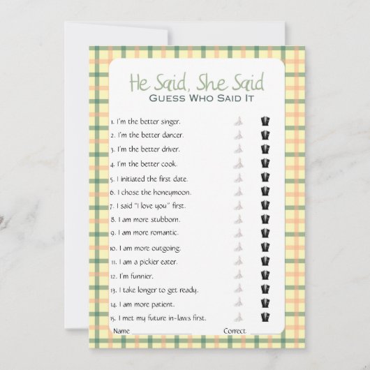 彼は彼女がブライダルシャワーゲームを言った 招待状 (正面)