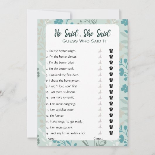 彼は彼女がブライダルシャワーゲームを言った 招待状 (正面)