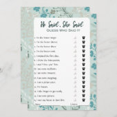 彼は彼女がブライダルシャワーゲームを言った 招待状 (正面/裏面)