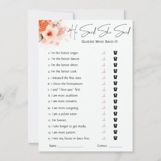 彼は彼女がブライダルシャワーゲームを言った 招待状 (正面)