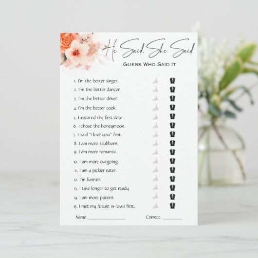 彼は彼女がブライダルシャワーゲームを言った 招待状 (スタンド正面)