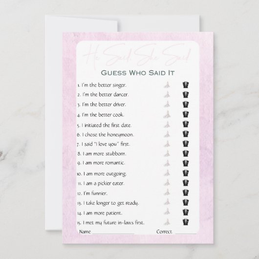 彼は彼女がブライダルシャワーゲームを言った 招待状 (正面)