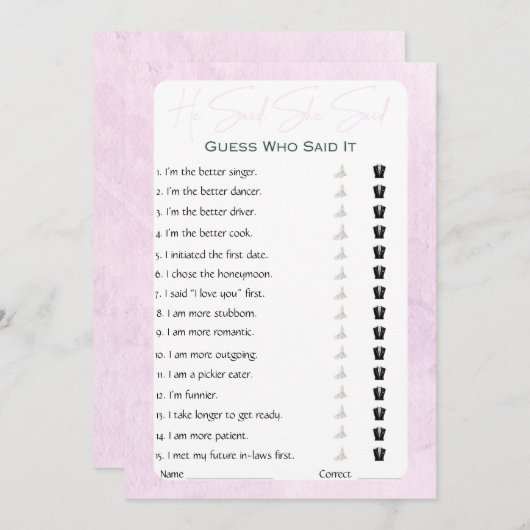 彼は彼女がブライダルシャワーゲームを言った 招待状 (正面/裏面)