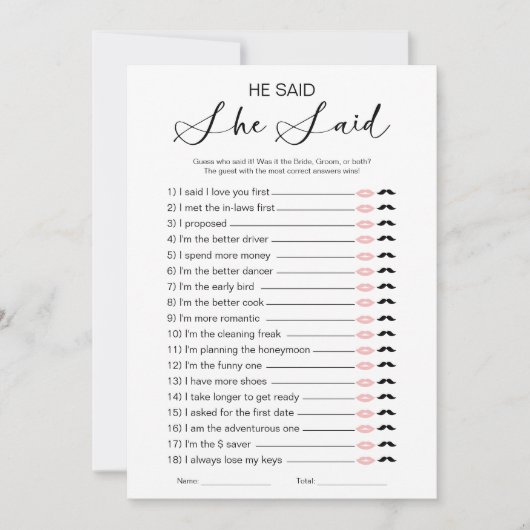 彼は彼女がブライダルシャワーゲームを言った 招待状 (正面)