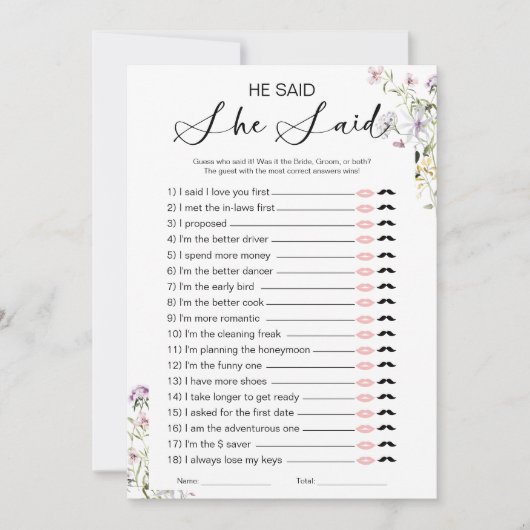 彼は彼女がブライダルシャワーゲームを言った 招待状 (正面)